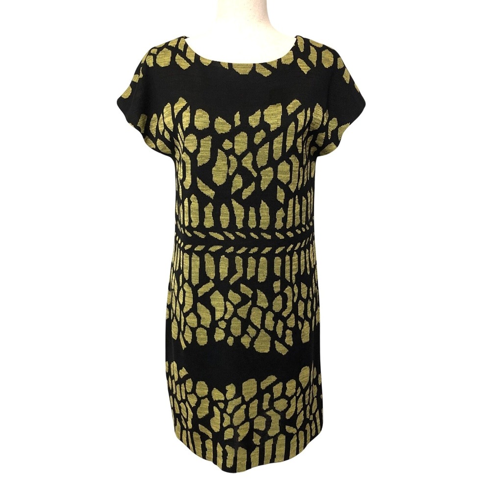 Misook Black Green Knit Sheath Dress PSmall Abstract Print Stretch Chic Designer